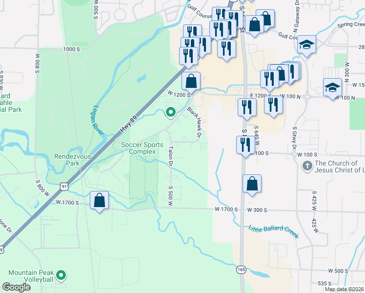 map of restaurants, bars, coffee shops, grocery stores, and more near 168 West 1275 South in Logan
