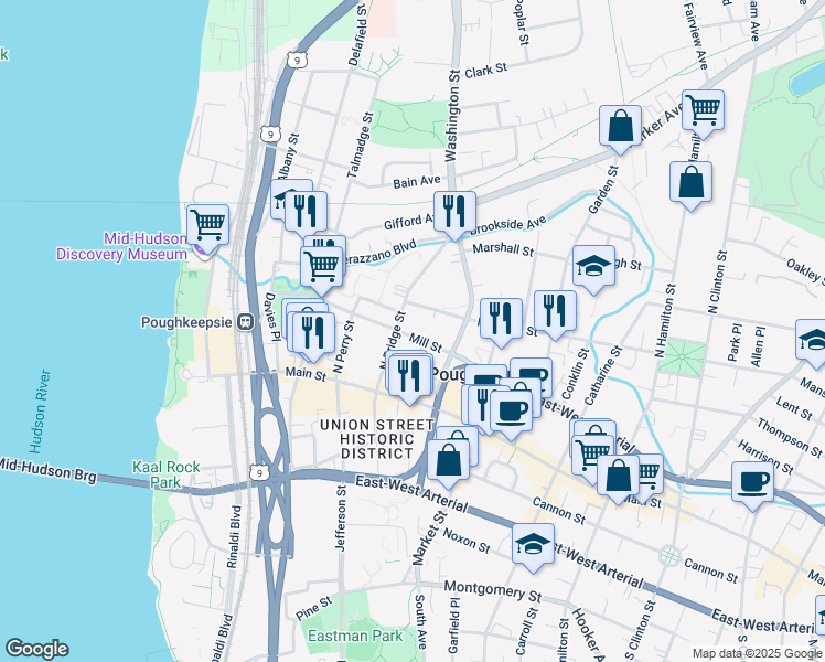 map of restaurants, bars, coffee shops, grocery stores, and more near 207 Mill Street in Poughkeepsie