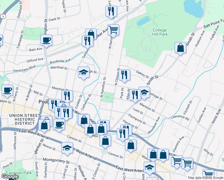 map of restaurants, bars, coffee shops, grocery stores, and more near 181 Mansion Street in Poughkeepsie