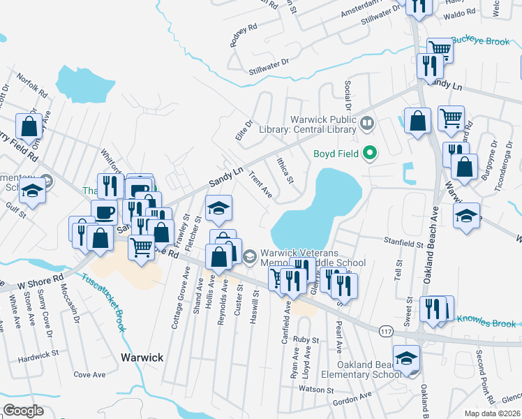 map of restaurants, bars, coffee shops, grocery stores, and more near 58 Armory Drive in Warwick