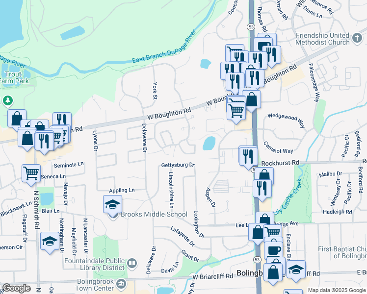 map of restaurants, bars, coffee shops, grocery stores, and more near 304 Walnut Circle in Bolingbrook