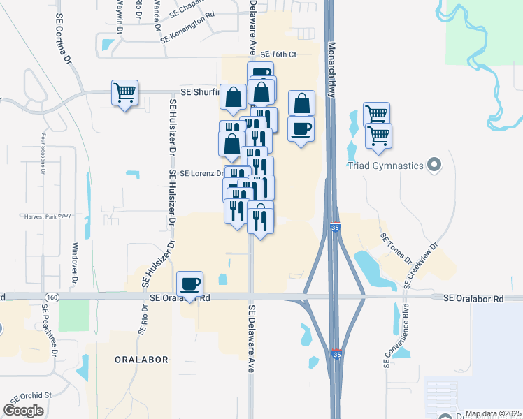 map of restaurants, bars, coffee shops, grocery stores, and more near 2325 Southeast Delaware Avenue in Ankeny