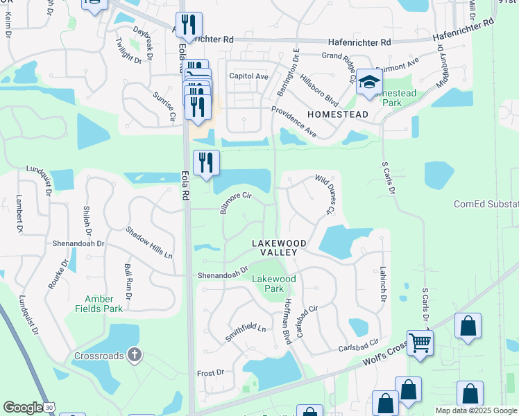 map of restaurants, bars, coffee shops, grocery stores, and more near 2521 Sagamore Circle in Aurora
