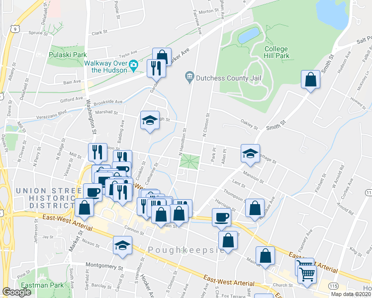 map of restaurants, bars, coffee shops, grocery stores, and more near 169 Mansion Street in Poughkeepsie