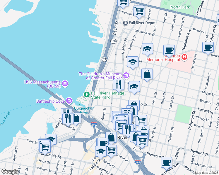 map of restaurants, bars, coffee shops, grocery stores, and more near 89 Walnut Street in Fall River