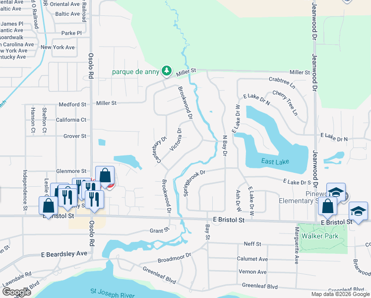 map of restaurants, bars, coffee shops, grocery stores, and more near 1637 Brookwood Drive in Elkhart