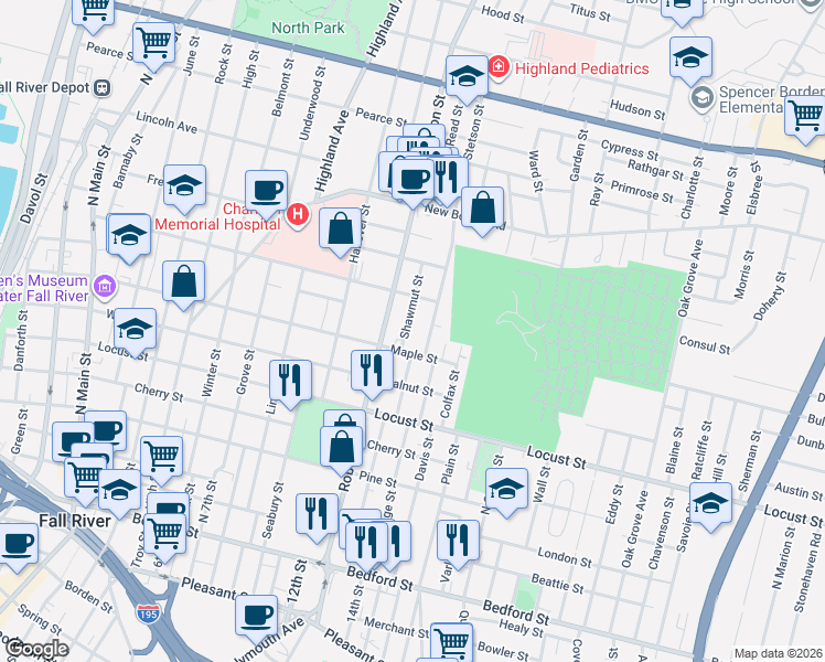 map of restaurants, bars, coffee shops, grocery stores, and more near 85 Shawmut Street in Fall River