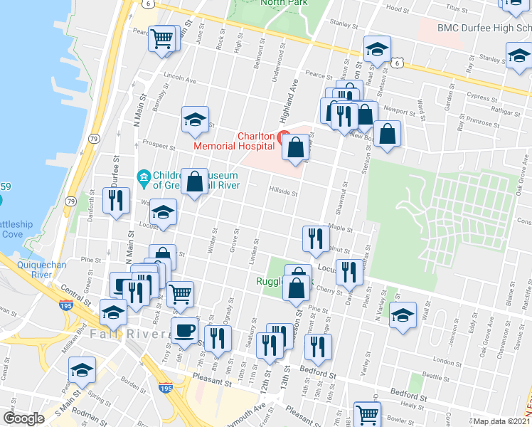 map of restaurants, bars, coffee shops, grocery stores, and more near 435 Linden Street in Fall River
