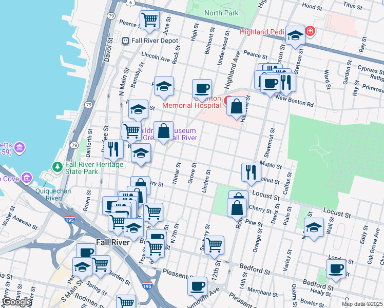 map of restaurants, bars, coffee shops, grocery stores, and more near 343 Grove Street in Fall River
