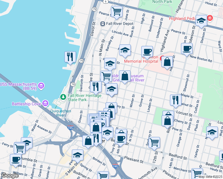 map of restaurants, bars, coffee shops, grocery stores, and more near 13 June Street in Fall River