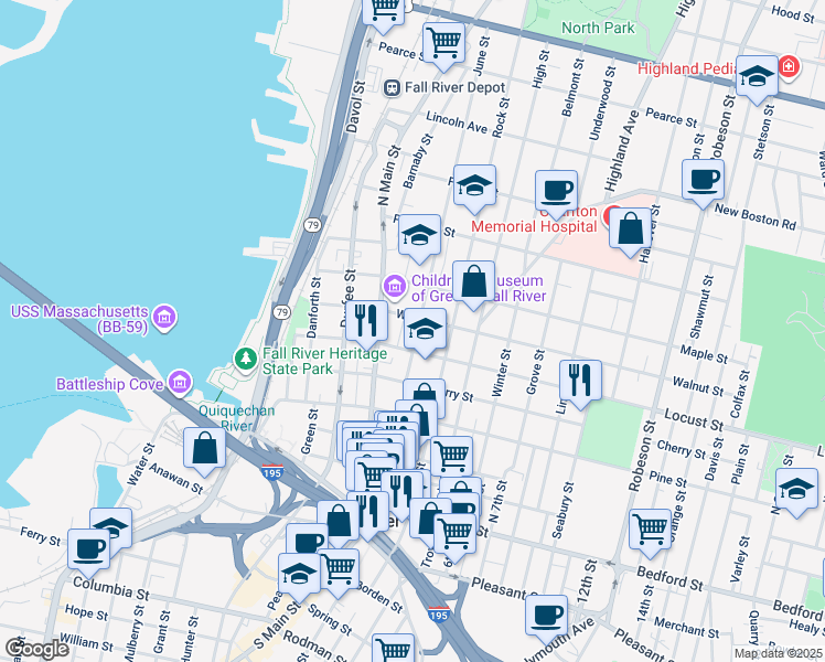 map of restaurants, bars, coffee shops, grocery stores, and more near 399 North Main Street in Fall River