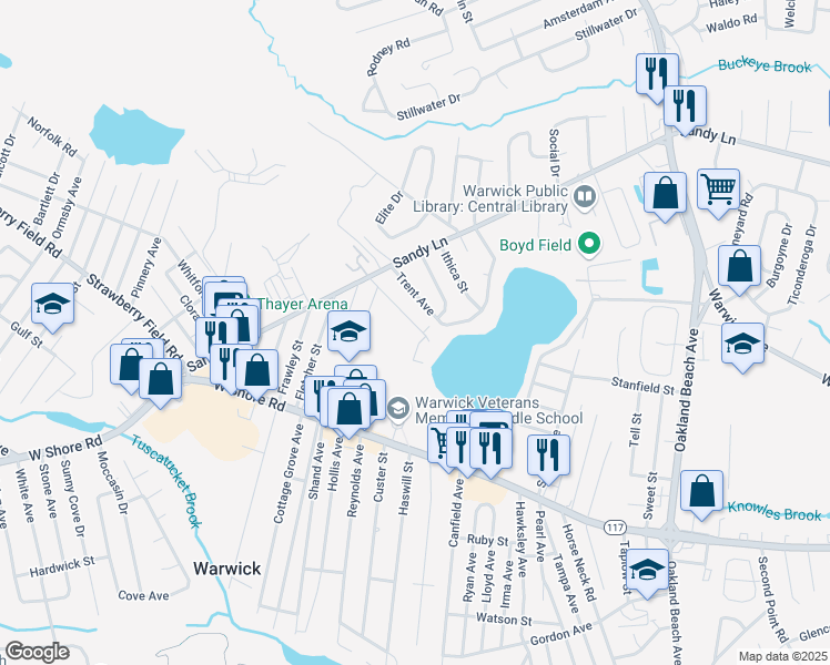 map of restaurants, bars, coffee shops, grocery stores, and more near 58 Armory Drive in Warwick