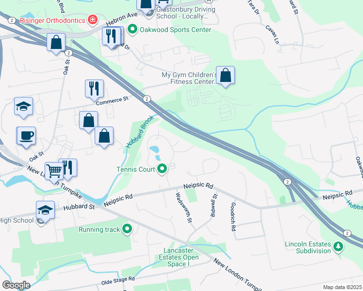 map of restaurants, bars, coffee shops, grocery stores, and more near 372 Monaco Lane in Glastonbury