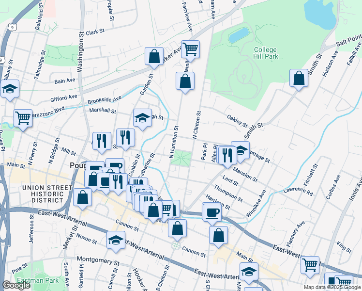 map of restaurants, bars, coffee shops, grocery stores, and more near 30 Cottage Street in Poughkeepsie