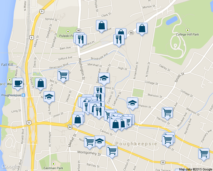 map of restaurants, bars, coffee shops, grocery stores, and more near 92 Garden Street in Poughkeepsie