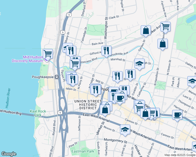map of restaurants, bars, coffee shops, grocery stores, and more near 20 Mansion Street in Poughkeepsie