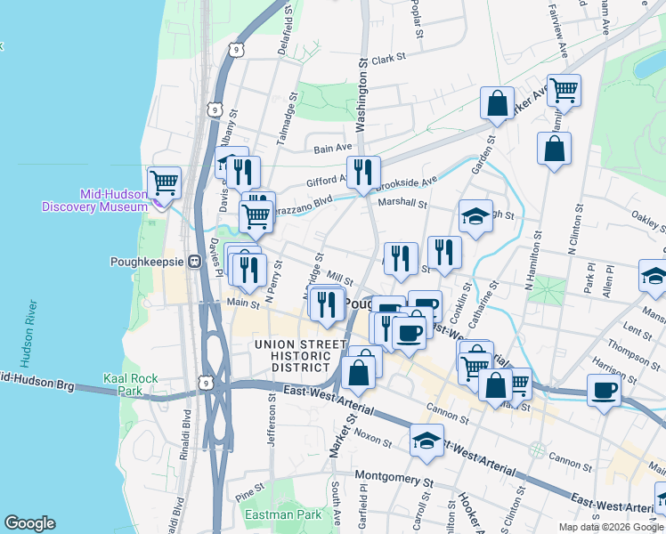 map of restaurants, bars, coffee shops, grocery stores, and more near 9 Mansion Street in Poughkeepsie