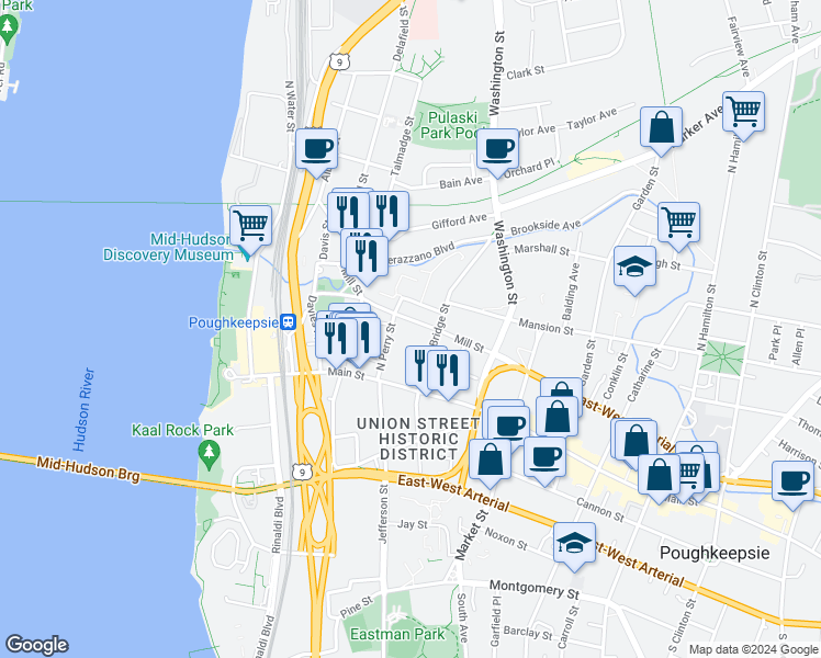 map of restaurants, bars, coffee shops, grocery stores, and more near 167 Mill Street in Poughkeepsie