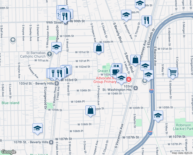 map of restaurants, bars, coffee shops, grocery stores, and more near 10218 South Prospect Avenue in Chicago