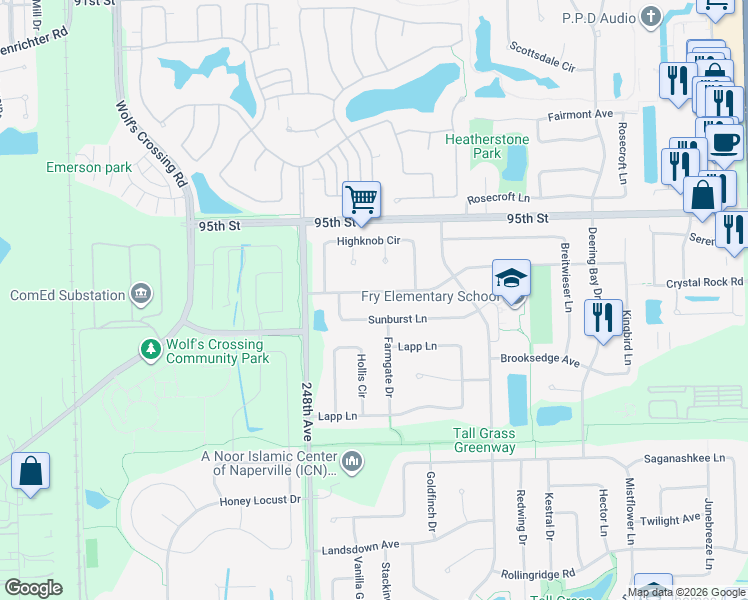 map of restaurants, bars, coffee shops, grocery stores, and more near 3831 Grassmere Road in Naperville