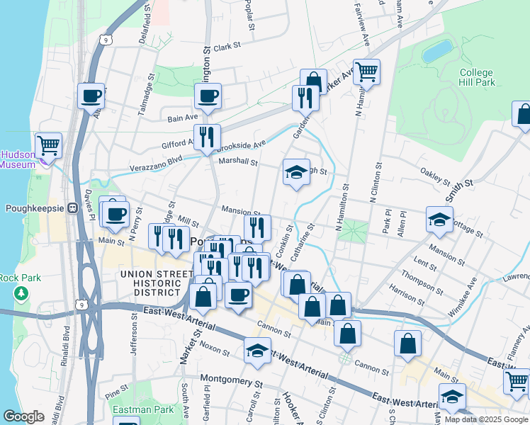 map of restaurants, bars, coffee shops, grocery stores, and more near 95 Mansion Street in Poughkeepsie