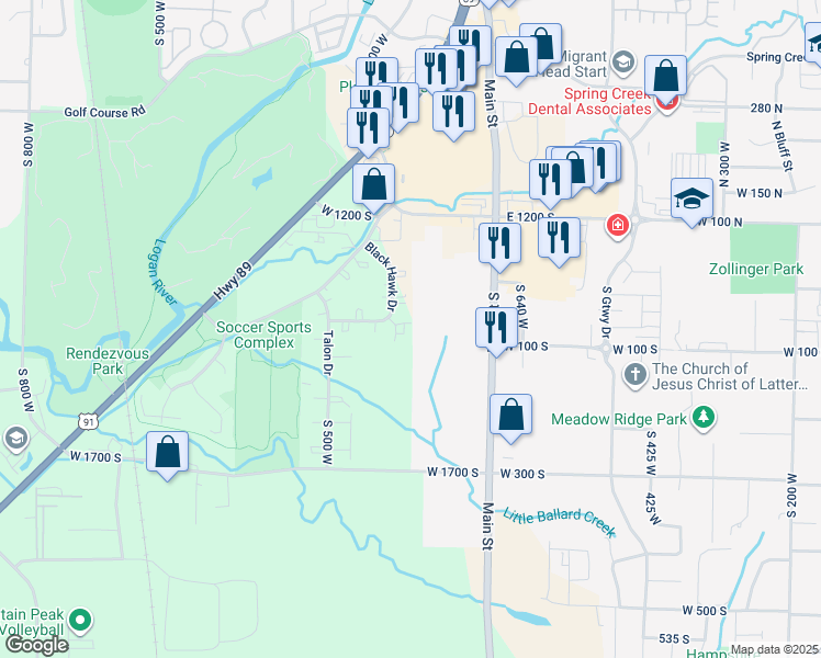map of restaurants, bars, coffee shops, grocery stores, and more near 49 West 1315 South in Logan