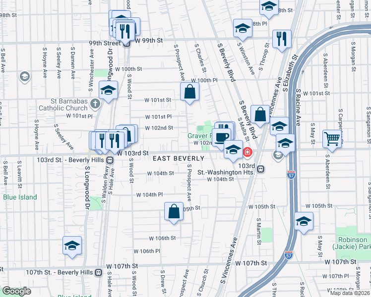 map of restaurants, bars, coffee shops, grocery stores, and more near 10218 South Prospect Avenue in Chicago