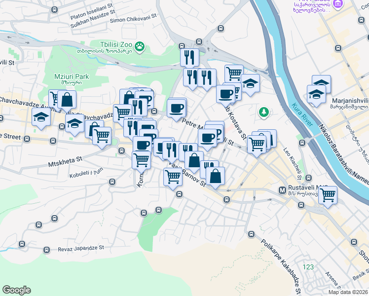 map of restaurants, bars, coffee shops, grocery stores, and more near Akaki Shanidze Street in Tbilisi