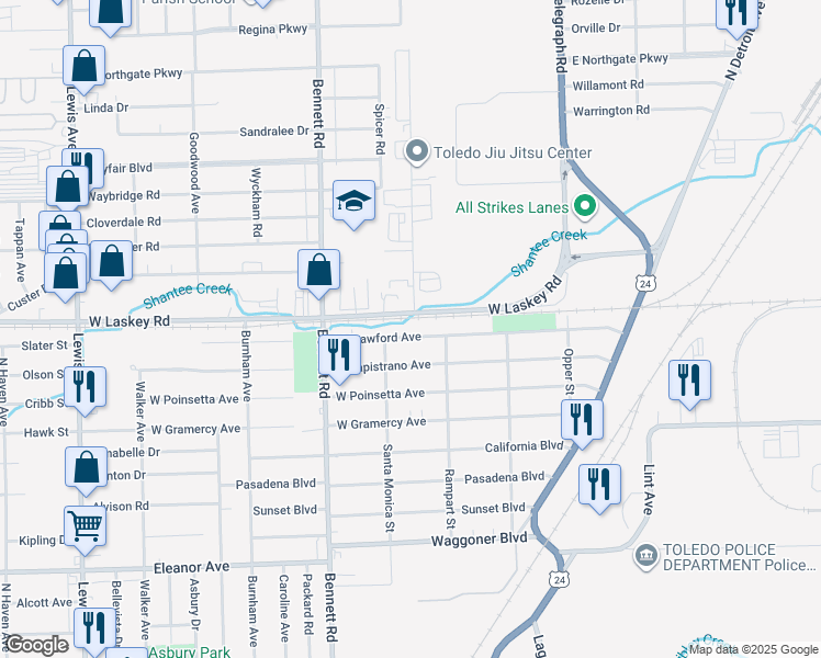 map of restaurants, bars, coffee shops, grocery stores, and more near 310 West Crawford Avenue in Toledo