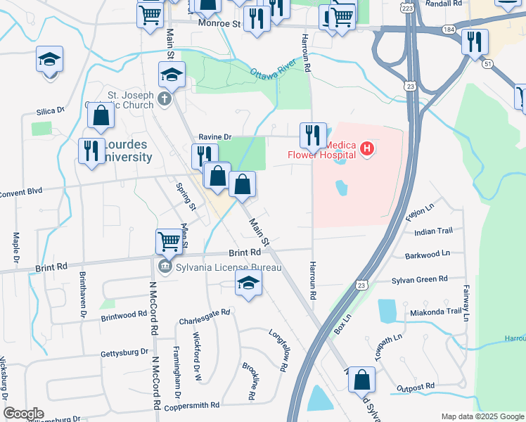 map of restaurants, bars, coffee shops, grocery stores, and more near 5123 Harroun Road in Sylvania