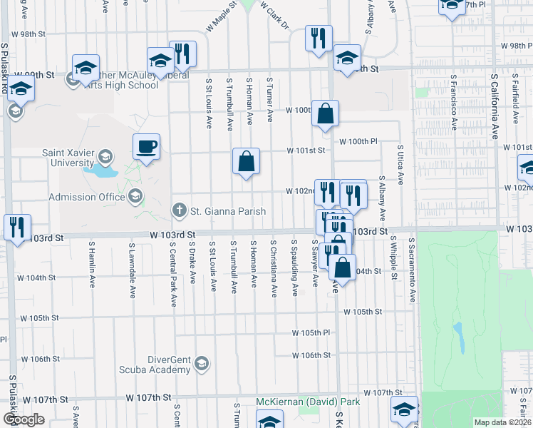 map of restaurants, bars, coffee shops, grocery stores, and more near 10211 South Turner Avenue in Evergreen Park
