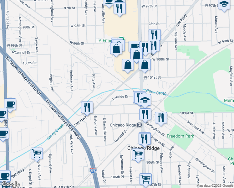 map of restaurants, bars, coffee shops, grocery stores, and more near 10141 Southwest Highway in Chicago Ridge