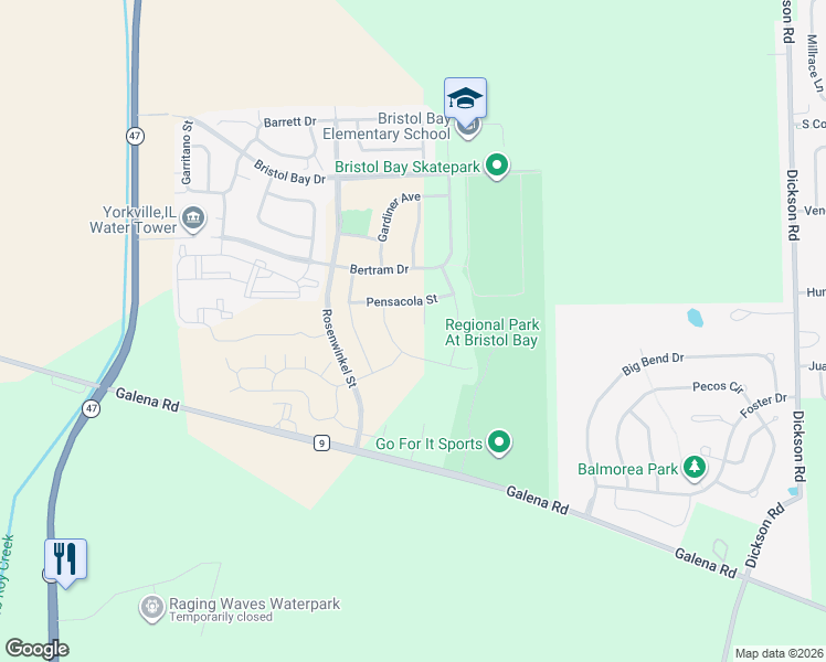 map of restaurants, bars, coffee shops, grocery stores, and more near 4437 Pleasant Court in Yorkville
