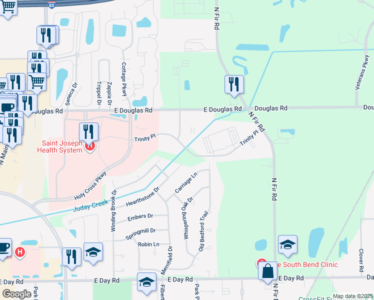 map of restaurants, bars, coffee shops, grocery stores, and more near 1540 Trinity Place in Mishawaka