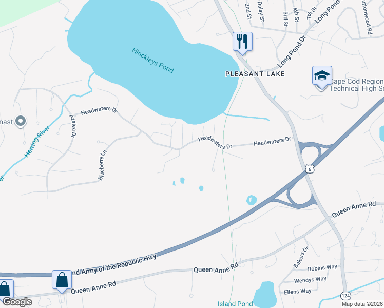 map of restaurants, bars, coffee shops, grocery stores, and more near 101 Headwaters Drive in Harwich