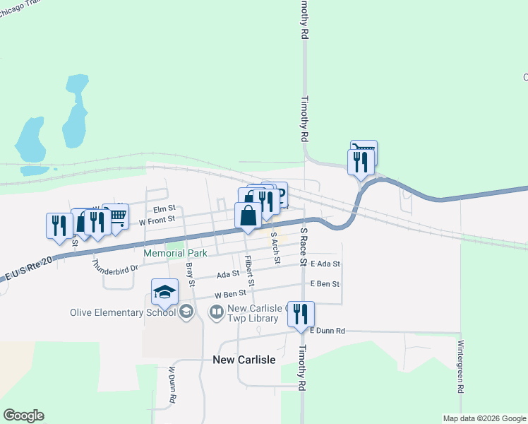 map of restaurants, bars, coffee shops, grocery stores, and more near Arch St in New Carlisle