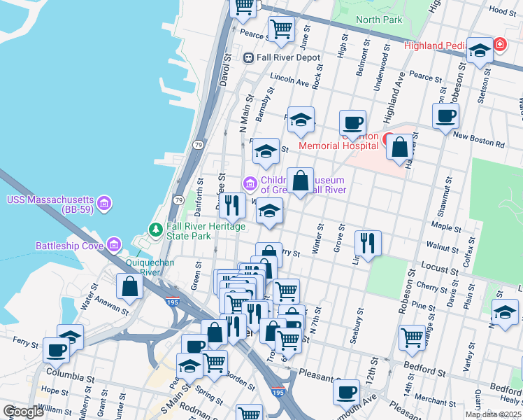 map of restaurants, bars, coffee shops, grocery stores, and more near 399 North Main Street in Fall River