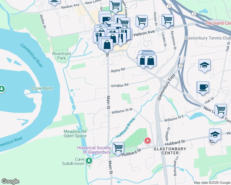 map of restaurants, bars, coffee shops, grocery stores, and more near 2146 Main Street in Glastonbury