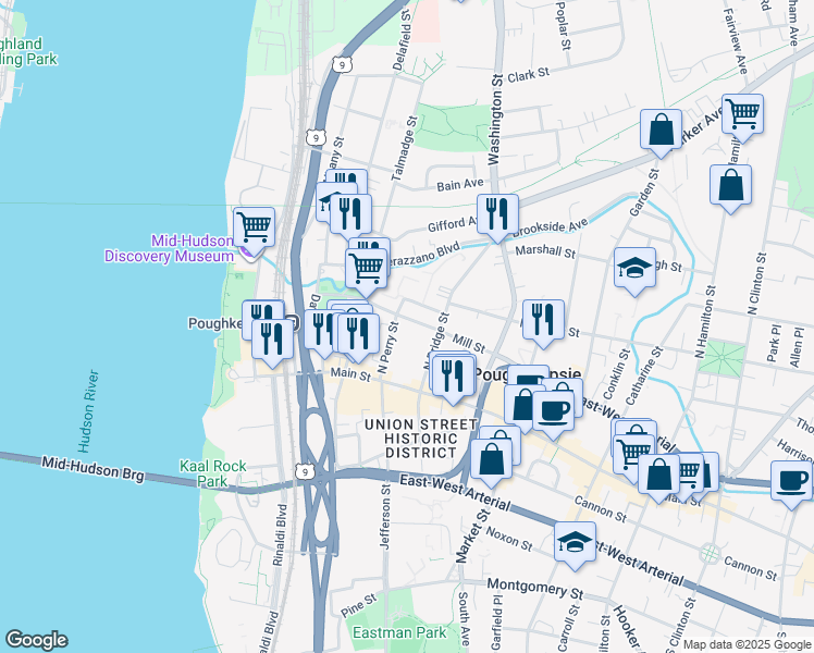 map of restaurants, bars, coffee shops, grocery stores, and more near 167 Mill Street in Poughkeepsie