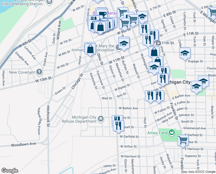 map of restaurants, bars, coffee shops, grocery stores, and more near 1311 Ohio Street in Michigan City