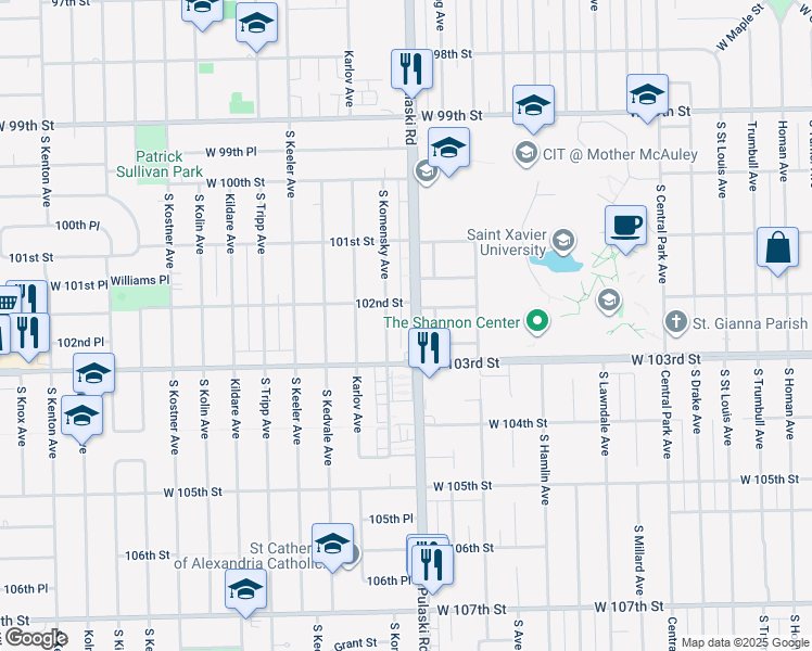 map of restaurants, bars, coffee shops, grocery stores, and more near 10216 South Pulaski Road in Oak Lawn