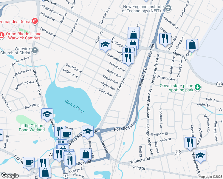map of restaurants, bars, coffee shops, grocery stores, and more near 22 Myrtle Avenue in Warwick