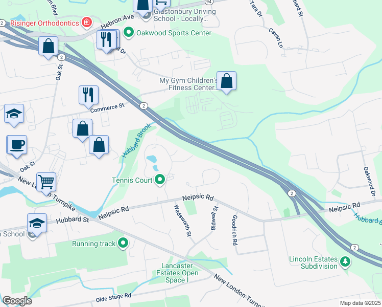 map of restaurants, bars, coffee shops, grocery stores, and more near 372 Monaco Lane in Glastonbury