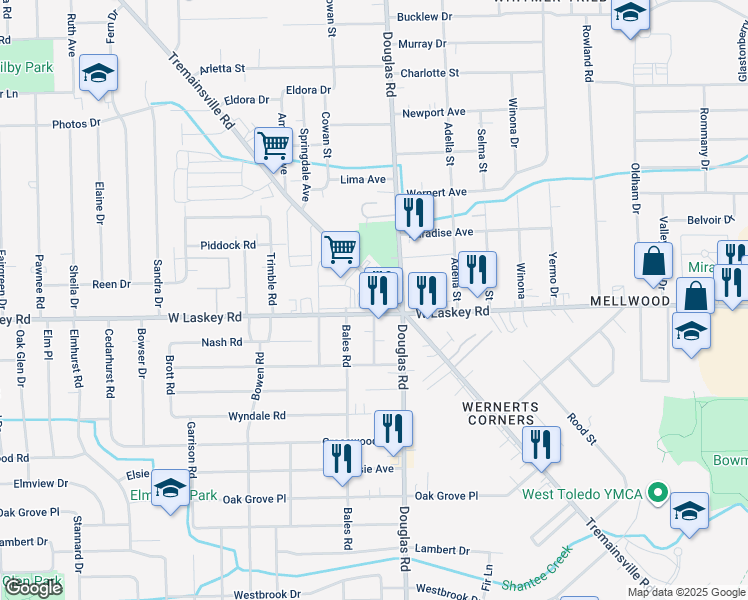 map of restaurants, bars, coffee shops, grocery stores, and more near 2501 Tremainsville Road in Toledo