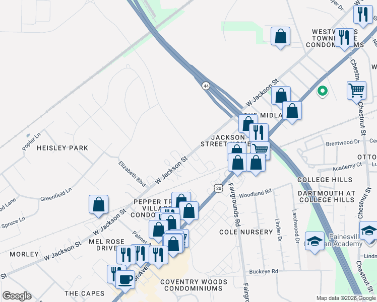 map of restaurants, bars, coffee shops, grocery stores, and more near 13 Shamrock Boulevard in Painesville