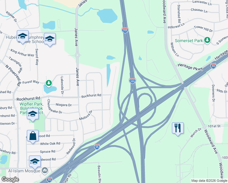 map of restaurants, bars, coffee shops, grocery stores, and more near 312 Stonegate Road in Bolingbrook