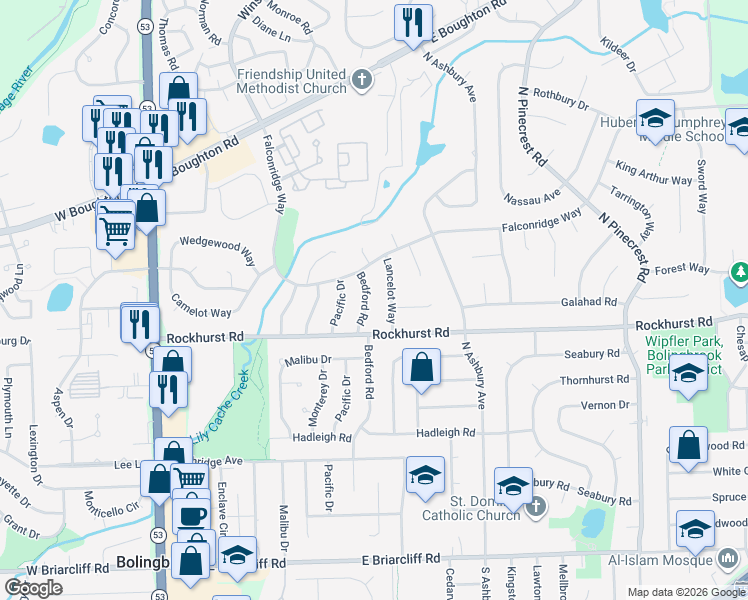 map of restaurants, bars, coffee shops, grocery stores, and more near 324 Bedford Road in Bolingbrook