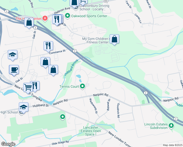 map of restaurants, bars, coffee shops, grocery stores, and more near 314 Georgetown Drive in Glastonbury
