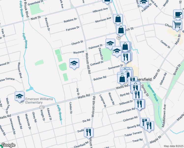 map of restaurants, bars, coffee shops, grocery stores, and more near 8 Somerset Street in Wethersfield