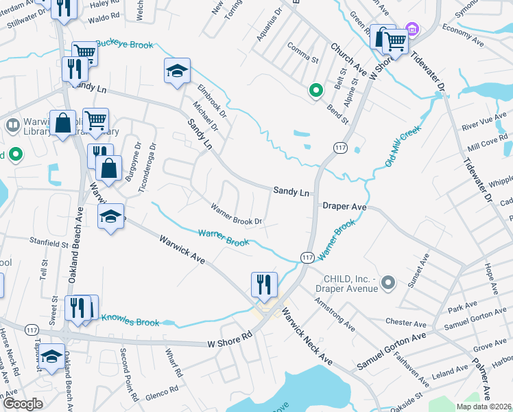 map of restaurants, bars, coffee shops, grocery stores, and more near 15 Warner Brook Drive in Warwick